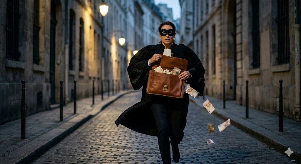Representación conceptual de una mujer con toga de abogada y antifaz huyendo por una calle de noche con un bolso lleno de billetes, simbolizando la apropiación de fondos del Caso Fórum.