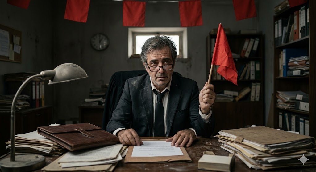 Imagen de un abogado sosteniendo una bandera roja de alerta en una oficina desordenada, representando las señales de desconfianza y negligencia de abogados