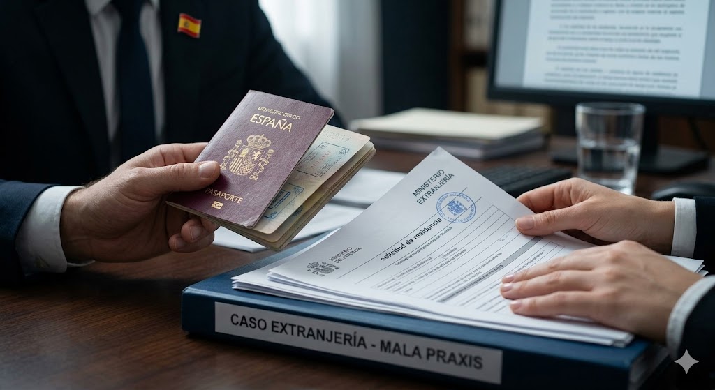 Primer plano de manos sosteniendo un pasaporte español y documentos oficiales de solicitud de residencia, con una carpeta de archivo legal de 'mala praxis' visible, simbolizando la negligencia y la estafa en la tramitación de extranjería